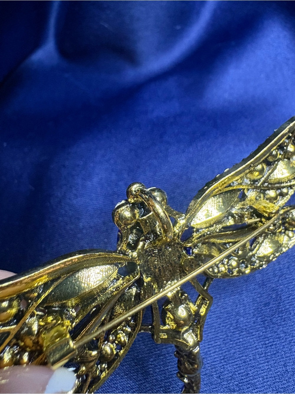 Brooch Dragon Fly Deep Royal Blue Tones Rhinestones Gold Setting Statement - Picture 7 of 8